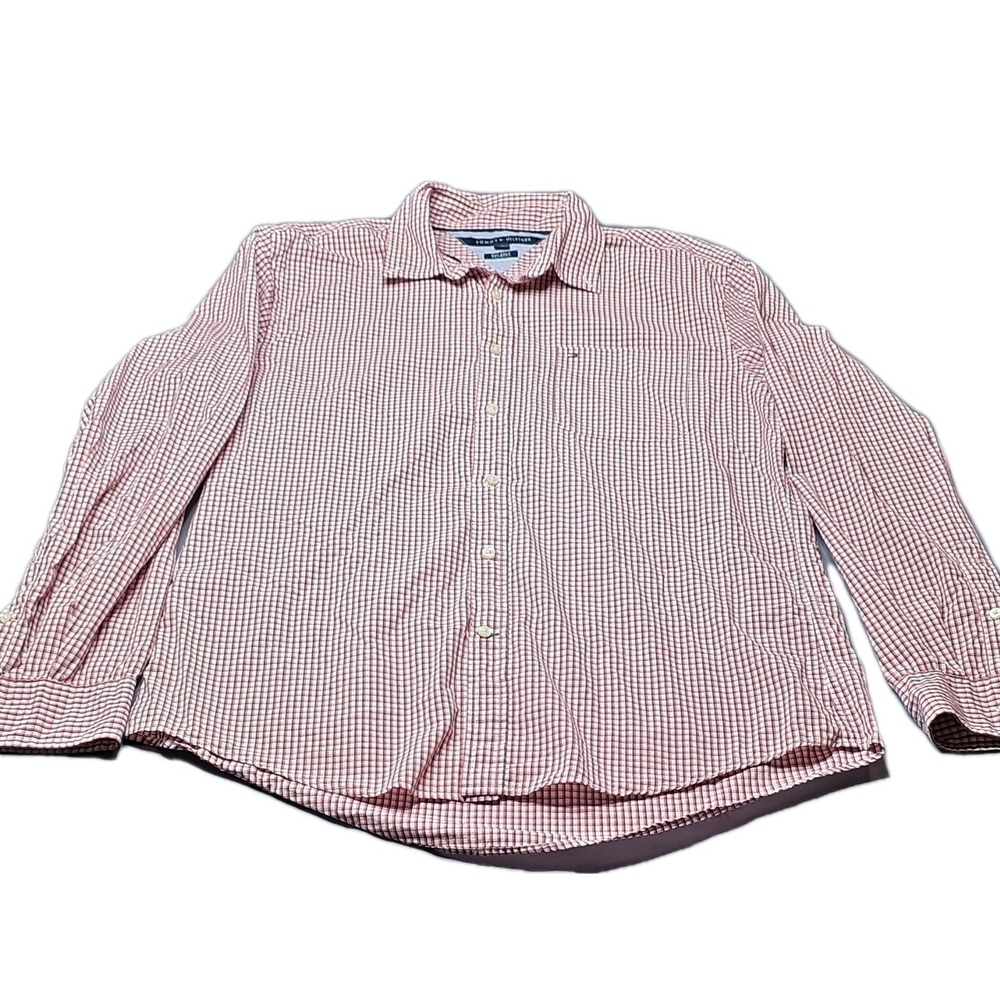 Tommy Hilfiger Cotton Button-Up Shirt Red Check Long Sleeve Collared L/G Casual